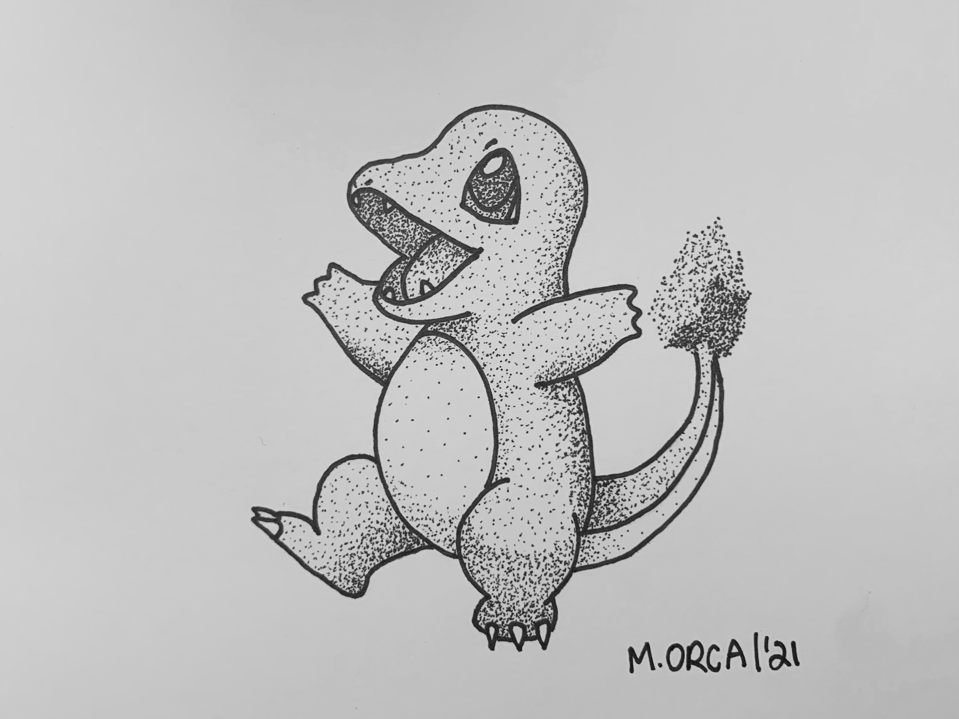 Charmander dotwork drawing made with ink pen