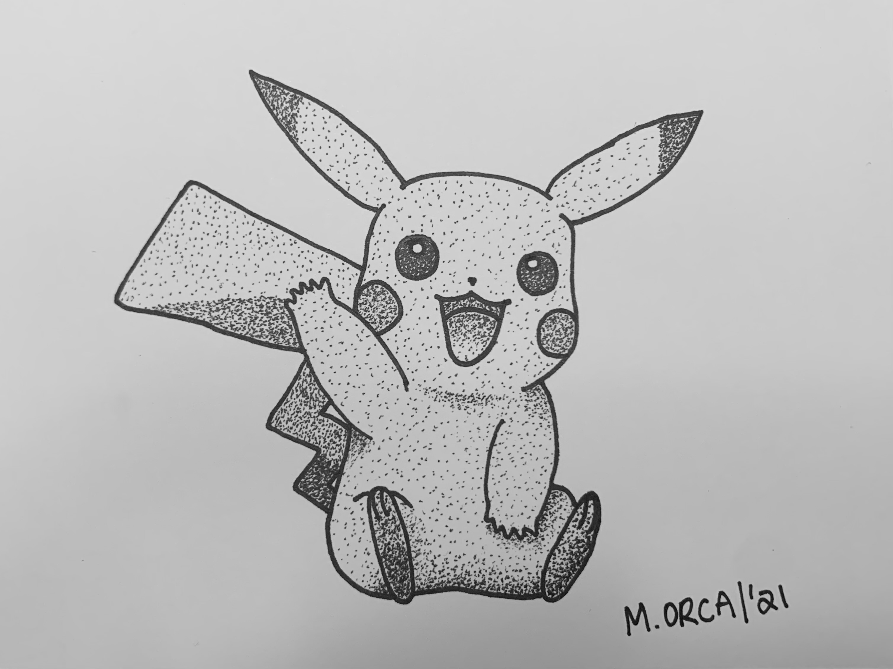 Pikachu dotwork drawing made with ink pen