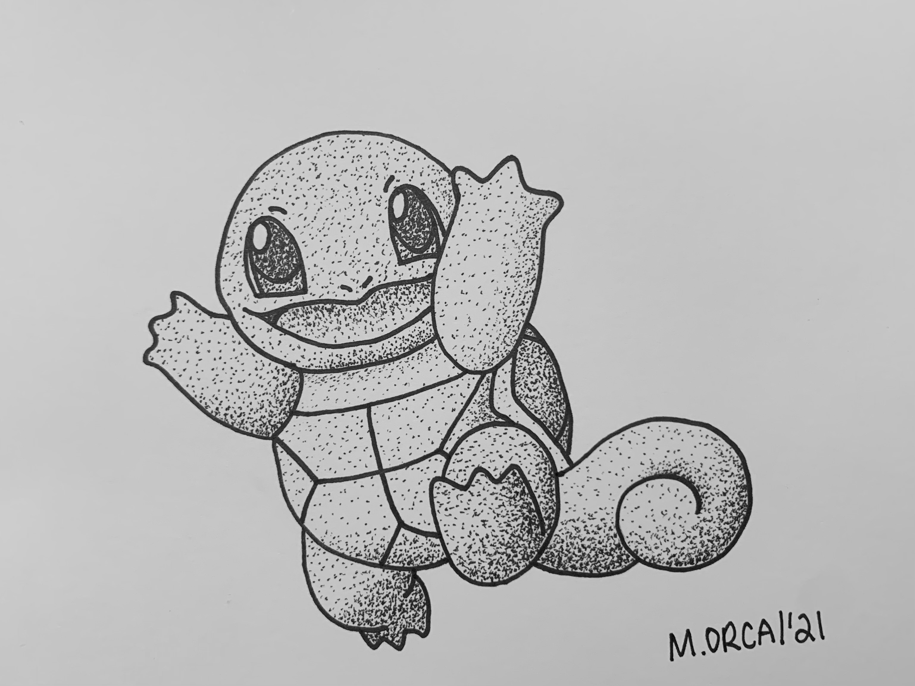 Squirtle dotwork drawing made with ink pen